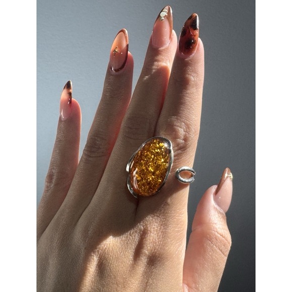 The Unbranded Brand Jewelry - Vintage 925 Sterling Silver & Baltic Amber Ring Sz 8 ADJUSTABLE